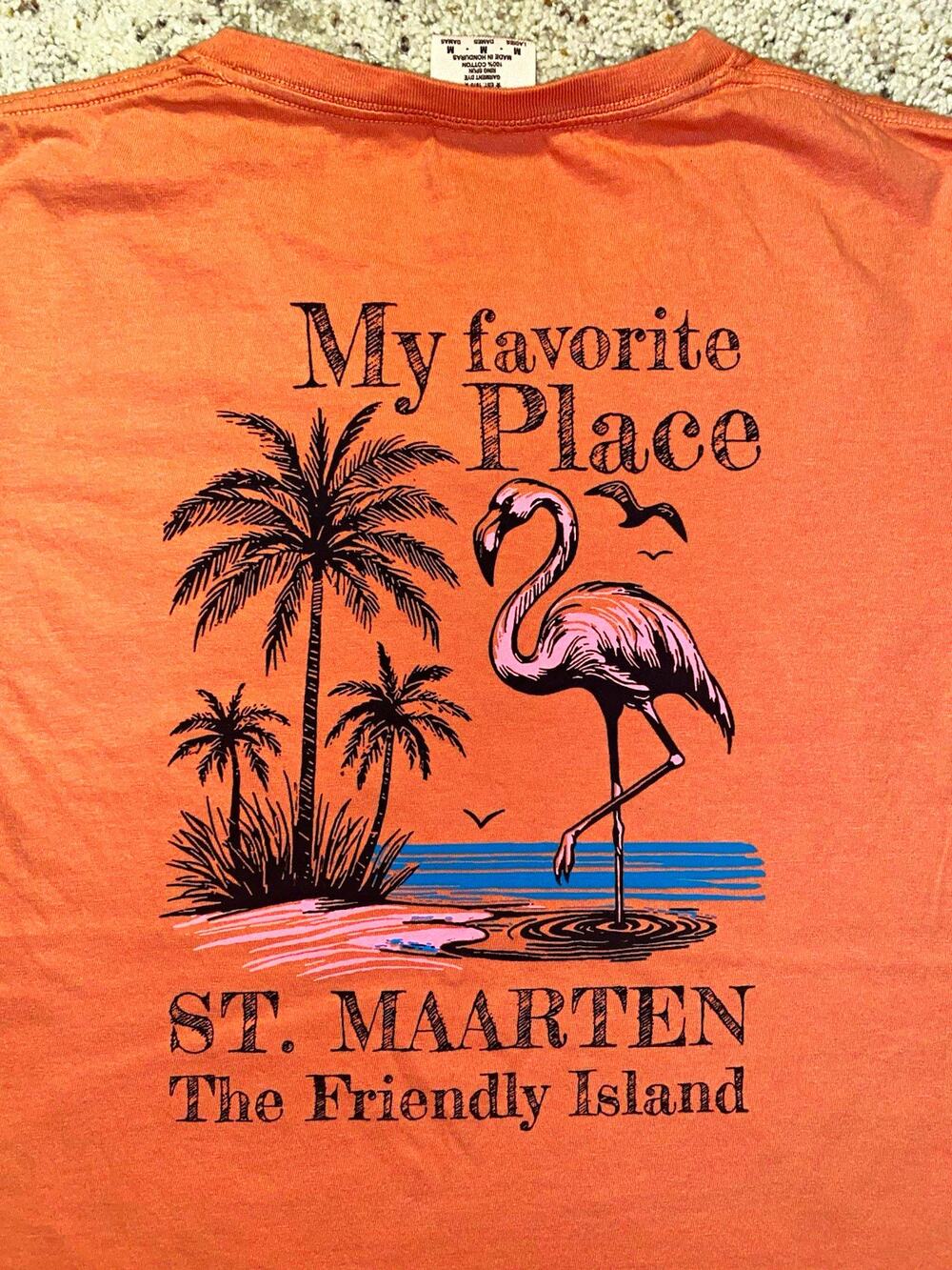 Comfort Colors St Maarten Shirt Womens M Coral Flamingo Beach Graphic V Neck Tee